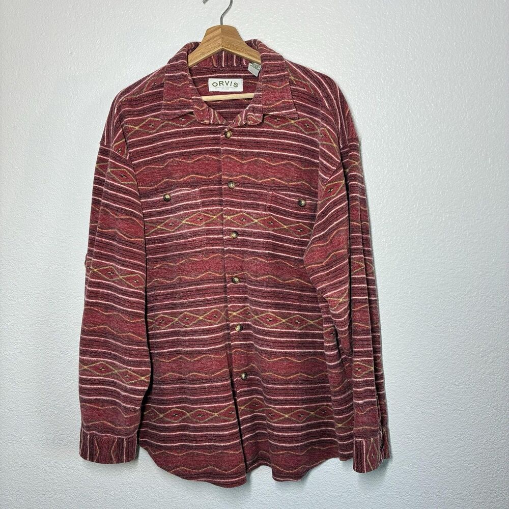 Orvis Shirt Mens Large Red Aztec Stripe Flannel Button Up Long Sleeve Casual
